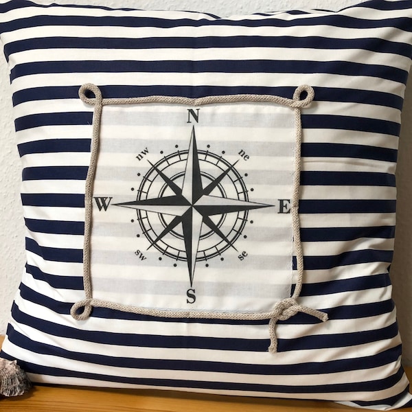 Maritieme kussenhoes, kussenhoes, kussen in landelijke stijl, sierkussen *Compass* blauw/wit gestreept 40 x 40 cm.