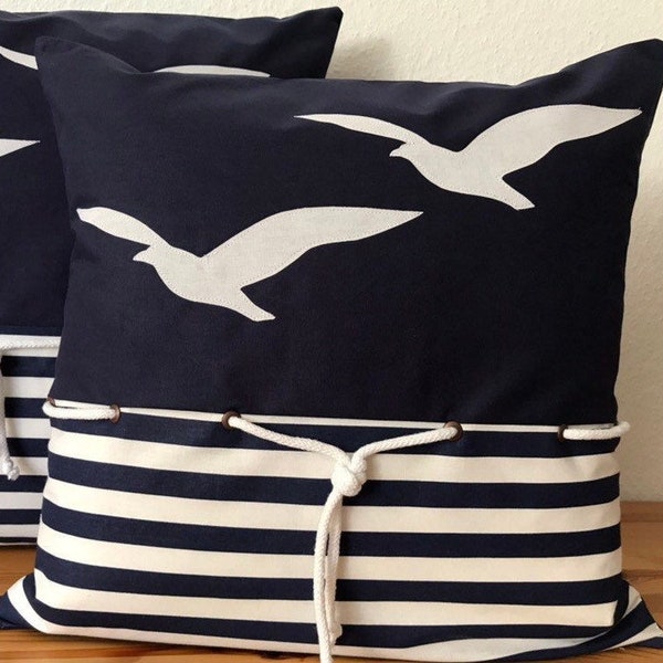 1x housse de coussin maritime, taie d'oreiller, housse de coussin style maison de campagne, coussin décoratif *mouettes* bleu/blanc 50 x 50 cm.