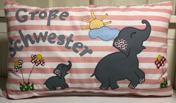 Kinder Kissen „ Große Schwester „ Kuschelkissen rosa/weiß 30 x50cm. Elefanten