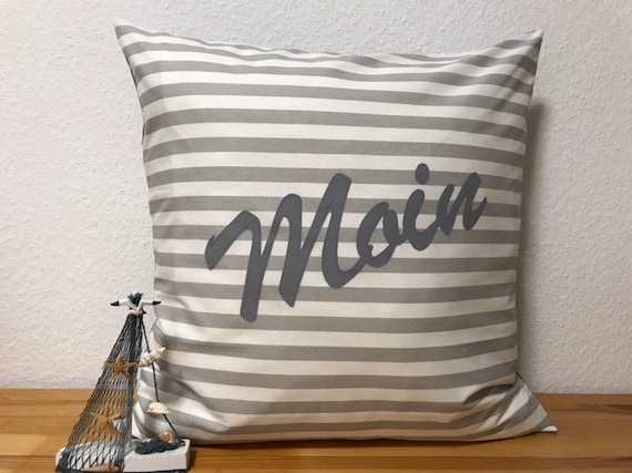1 Maritime Kissenhülle *Moin* Beige//weiß gestreift 50x50cm.