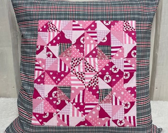 Patchwork Kissenhülle, Landhausstil Kissenbezug rosa/grau/weiß 40x40cm.