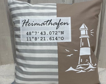 Maritime pillowcase personalized with the coordinates of your home * home port * grey/white/beige