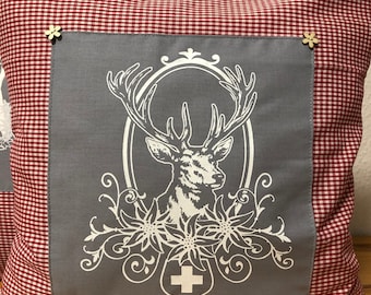 1x country style cushion cover, pillow cover * Deer * Christmas pillow, red/gray  50x50cm.