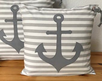 1 Maritime cushion cover, cushion cover, country style cushion, decorative cushion * anchor * gray / white striped 50x50cm.