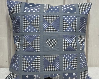 Patchwork cushion cover, country house style cushion cover grey/white 40 x 40 cm.