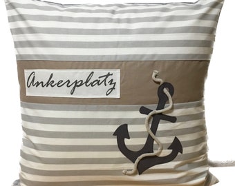 1x Maritime cushion cover, cushion cover, country style pillow * anchorage * gray / white