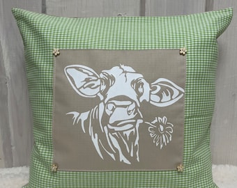 1x country house style cushion cover, cushion cover *cow* green/beige