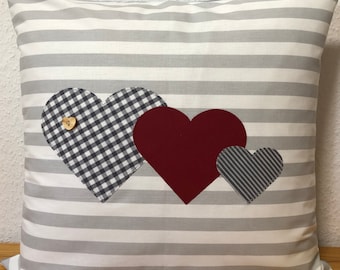 1x country style cushion cover * Pillow cover * hearts* gray/white/red 40x40cm.