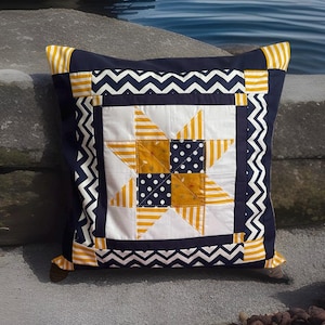 Patchwork cushion cover, country house style cushion cover blue/white/yellow 40x40cm