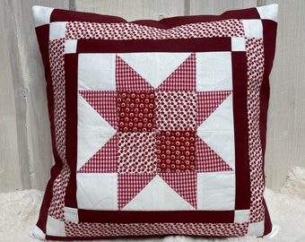 Patchwork cushion cover, country house style cushion cover red/white 40 x 40 cm.