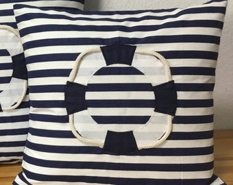 Maritime cushion cover, cushion cover, country style pillow, navy pillow, throw pillow, lifebuoy blue / white striped 40x40cm.
