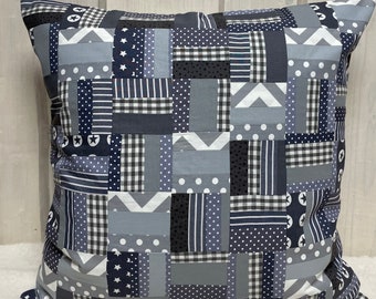 Patchwork cushion cover, country style cushion cover grey/white 50 x 50 cm.