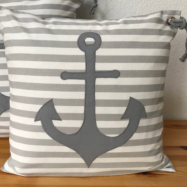 1 housse de coussin maritime, coussin style maison de campagne, housse de coussin, coussin décoratif *ancre* gris/blanc rayé