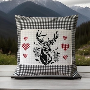 1x country style cushion cover, cushion cover, decorative cushion, deer * gray / white checkered 40x40cm.