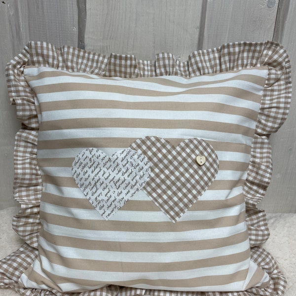 1 housse de coussin style maison de campagne* housse de coussin, coussin décoratif coussin maison de campagne, coeurs beige/blanc