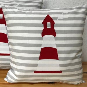 Maritime pillow case, pillow case, country style pillow case, pillow lighthouse gray / white / red 50x50cm. image 1