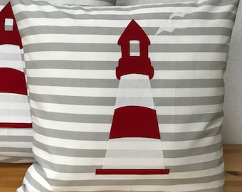 Maritime pillow case, pillow case, country style pillow case, pillow * lighthouse * gray / white / red 50x50cm.