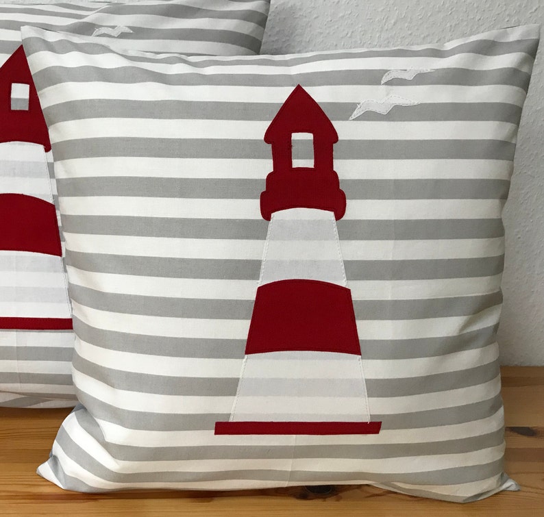 Maritime pillow case, pillow case, country style pillow case, pillow lighthouse gray / white / red 50x50cm. image 1