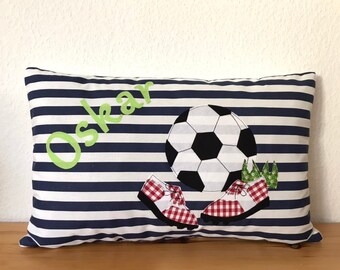 Kinder Kissen mit Wunsch Namen, Kuschelkissen, blau/weiß 30x50cm. Fußball