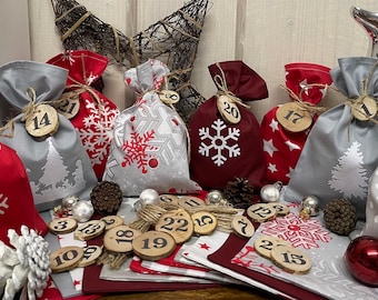 Advent calendar, country style Advent calendar to fill, 24 bags for Advent, Advent calendar numbers made of wood, red / gray