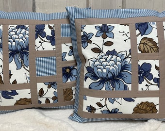 1x patchwork cushion cover, country house style cushion cover blue/beige 40 x 40 cm.
