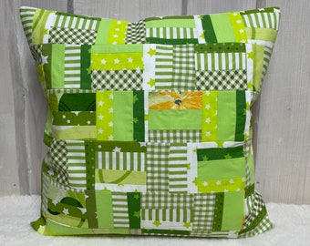 Housse de coussin patchwork style maison de campagne - 1 pièce - Vert/blanc - 40 x 40 cm.