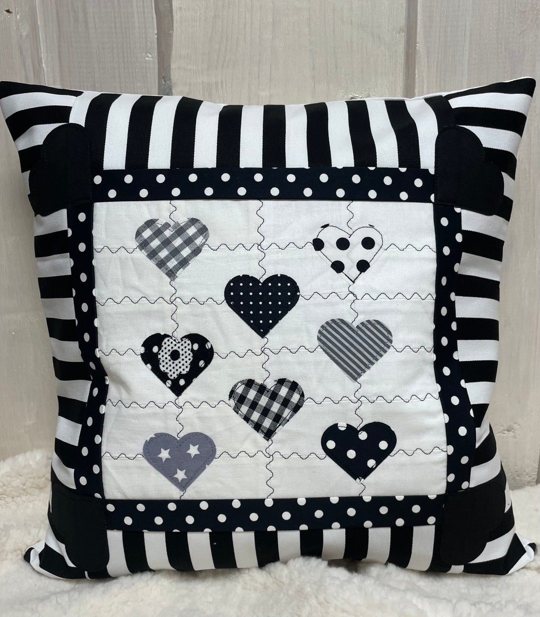 Patchwork Kissenhülle, Landhausstil Kissenbezug schwarz/weiß 40x40cm