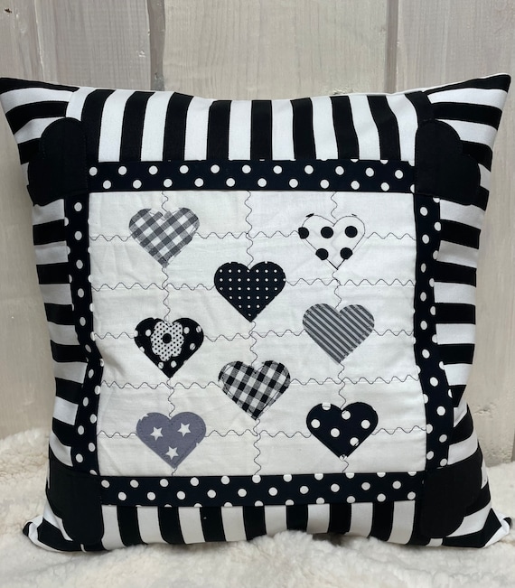 Patchwork Kissenhülle, Landhausstil Kissenbezug schwarz/weiß 40x40cm