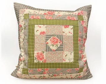 Patchwork cushion cover, country house style cushion cover grey/pink/white 40x40cm.