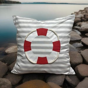 1x Maritime cushion cover, cushion cover, country style cushion cover, decorative cushion * lifebuoy * gray / red