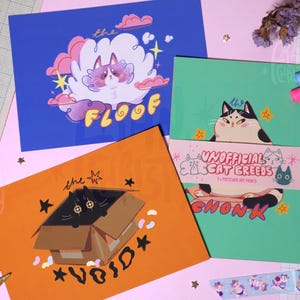 A6 Mini Print 3Pk “Unofficial Cat Breeds” w/ postcard backings, Soft touch, 400gsm