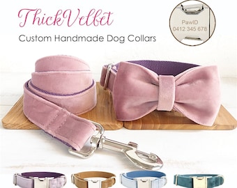 Personalized Engraved Handmade Velvet Dog Collar or Dog Collar and Leash, Dog Bowtie Available