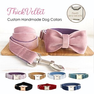 Personalized Engraved Handmade Velvet Dog Collar or Dog Collar and Leash, Dog Bowtie Available