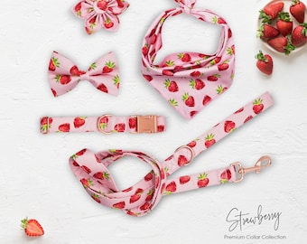 Custom Engraved Strawberry Pink Dog Collar Bowtie Harness Featuring a Personalized Rose Gold Metal Buckle