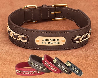 Personalized Laser Engraved Genuine Leather Golden Chain Deco Dog Collar for Small to Large dogs