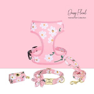Personalized Engraved Handmade Dog Collar in Pink and Gorgeous Daisy Floral Pattern