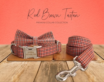 Red Brown Tartan Gingham Plaid Cotton Nylon Mix Fabric Custom Pet Collar for Boy Girl Cat, Puppy and Dog