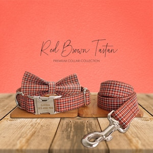 Red Brown Tartan Gingham Plaid Cotton Nylon Mix Fabric Custom Pet Collar for Boy Girl Cat, Puppy and Dog
