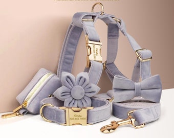 Personalisiertes Hundehalsband aus lila Samt, passende Fliege, Hundeblume, Leine, H-Style Harness & Poop Bag, verschiedene Kombinationen