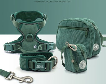 Personalised Dog Collar or Dog Harness Set - Green No Pull Dog Harness - Dog Leash - Poop Bag Holder - Treat Bag - Different Combo
