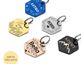 Customized Stainless Steel Pet ID Tag - Hexagon Personalized with Your Pet's Name and Contact - Front and Back Engraving for Dogs and Cats