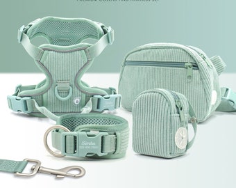 Personalised Dog Collar or Dog Harness Set - Mint Green No Pull Dog Harness - Dog Leash - Poop Bag Holder - Treat Bag - Different Combo