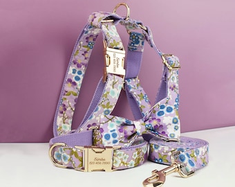 Custom Dog Harness in Purple Japanese Floral, Personalized Dog Collar with Name, Bowtie, Leash, H-Style Harness for Female Dog