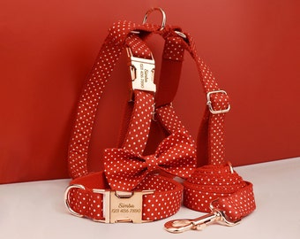 Custom Red Polka Dot Personalized Dog Collar, Matching Dog Bowtie, Dog Leash, H-Style Dog Harness, Different Combo