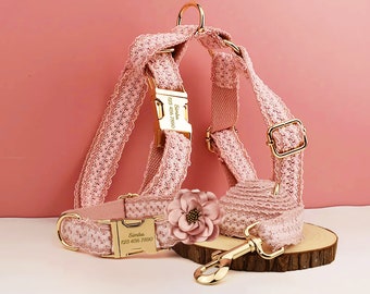 Wedding Dog Collar Custom Pink Lace Flower, Girl Dog Wedding Attire & Personalized Fancy Female Dog Harness Cute for Girl Dog Ring Bearers