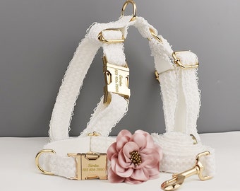 Collar de perro de boda de lujo personalizado de encaje blanco personalizado o flor de perro, correa de perro y arnés de perro estilo H para perros pequeños, medianos y grandes