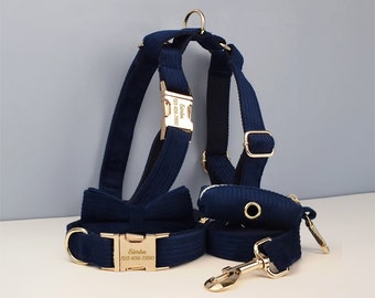 Custom Blue Corduroy Personalized Dog Collar, Matching Dog Bowtie, Dog Leash, H-Style Dog Harness & Dog Poop Bag, Different Combo