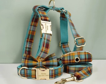 Aangepaste Tartan gepersonaliseerde halsband, bijpassende hond strikje, hondenriem, H-stijl hondenharnas, verschillende combo, blauwe geruite halsband