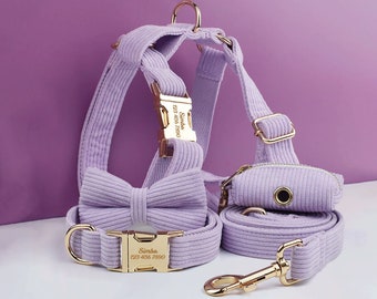 Lila Hundehalsband mit Namen aus Cord, personalisiertes H-Style Hundegeschirr, Fliege, Leine, Kotbeutel, verschiedene Kombinationen