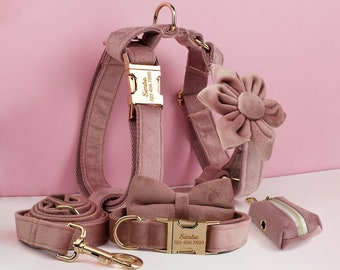 Harnais de chien rose poussiéreux personnalisé avec nom, collier de chien de mariage en velours personnalisé, arc, fleur, laisse, porte-sac de caca, combo différent